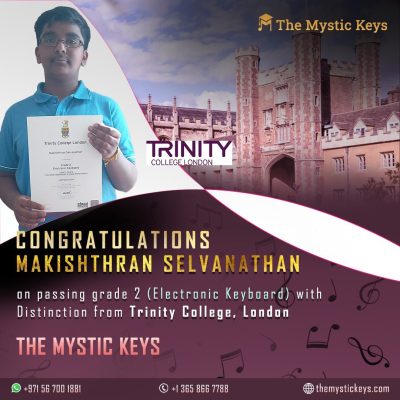 student from the mystic keys passed trinity grade 2 examination for electronic keyboard with distinction