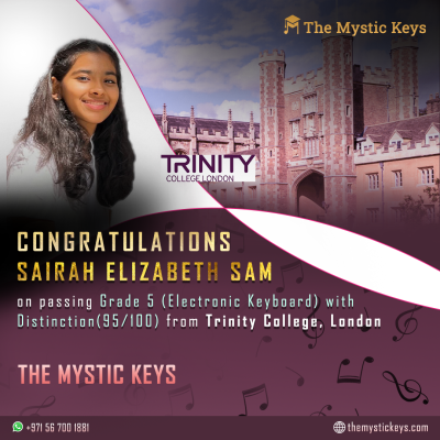 Sairah sam, student from the mystic keys passed trinity exam on keyboard
