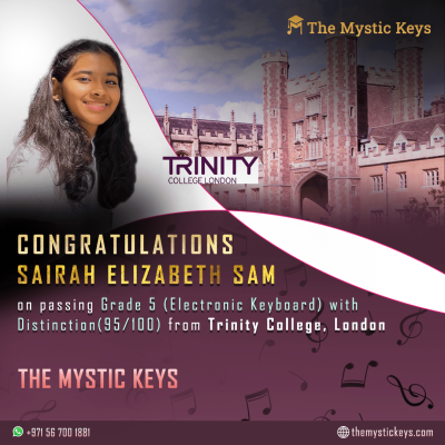 Student top performer & achiever - Student top performer & achiever - Sairah sam, student from the mystic keys passed trinity exam on keyboard